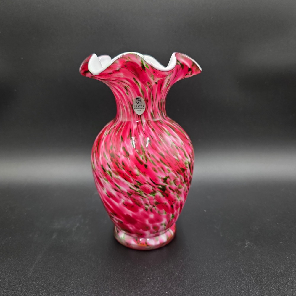 Fenton Hand Painted Pink Green Swirl Art Glass Vase Ruffled‎ Top Signed